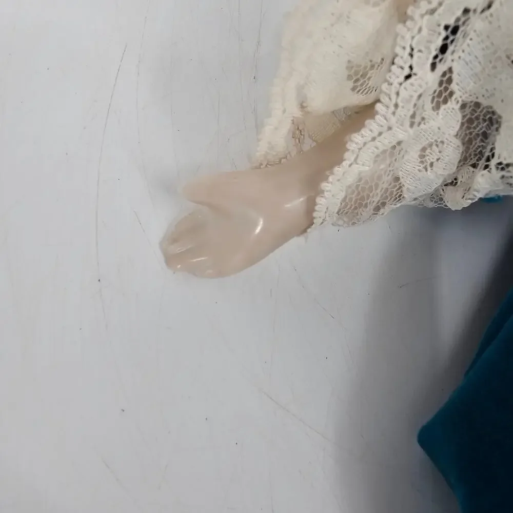 Rare Fine China Head Doll Blue Victorian Velvet & Lace Dress Circa 1980s 17